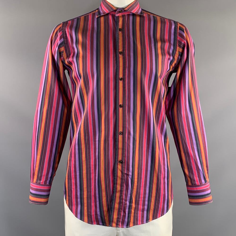 ETRO Size L Purple Pink & Orange Stripe Cotton Button Up Long Sleeve Shirt